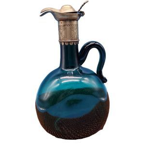 ANTIQUE Claret Carafe blown Teal glass, 9" Etched Silver-plate collar Victorian